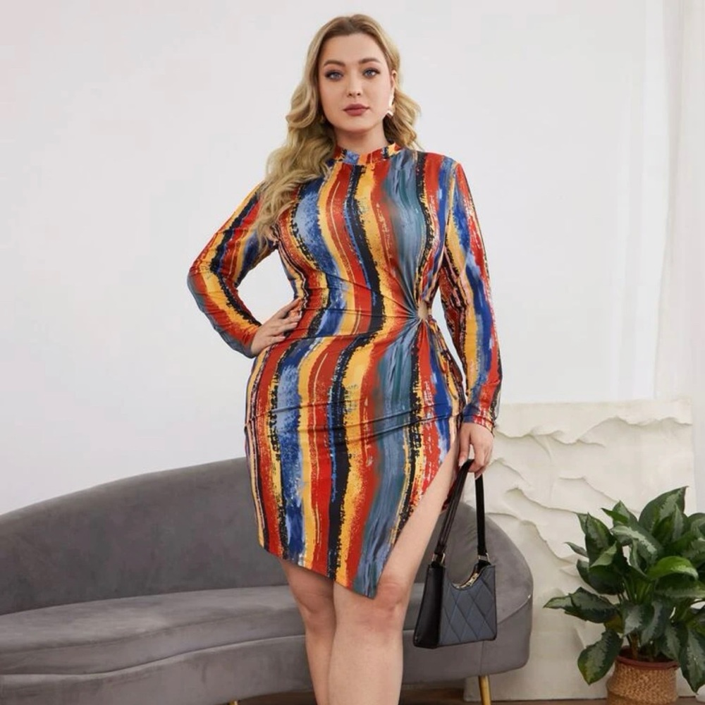 Plus Brush print mock dress side knot asymmetrical hem dress